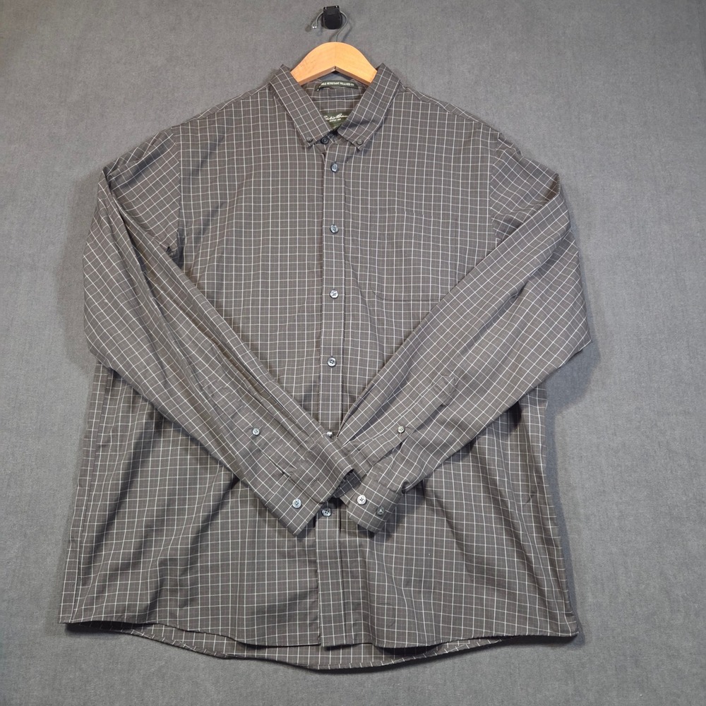 Eddie Bauer Button Down Shirt Mens XXL Gray Grid Wrinkle Resistant Relaxed Fit